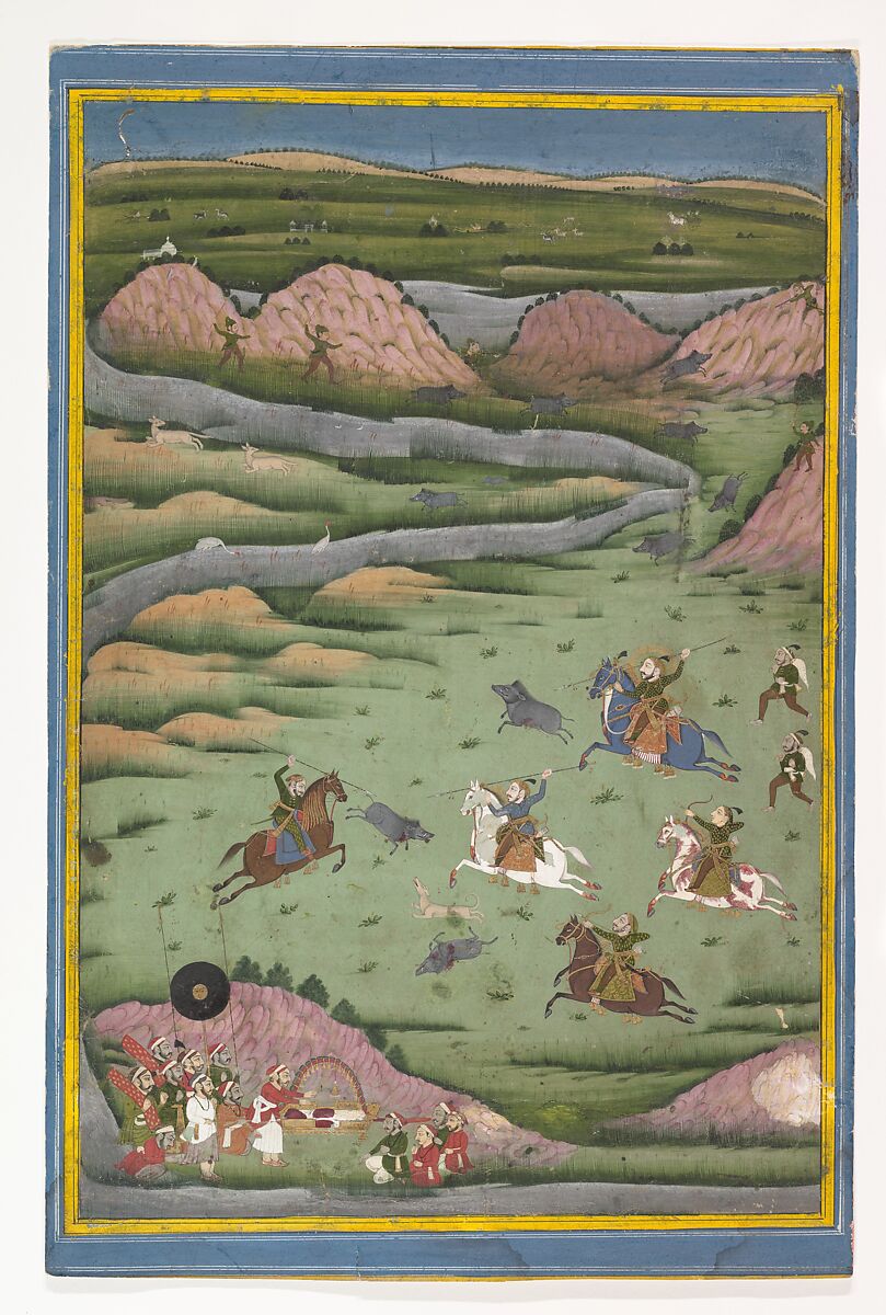 Maharana Amar Singh II or Sangram Singh Hunting Wild Boar, Ink and opaque watercolor on paper, Western India, Rajasthan, Udaipur 