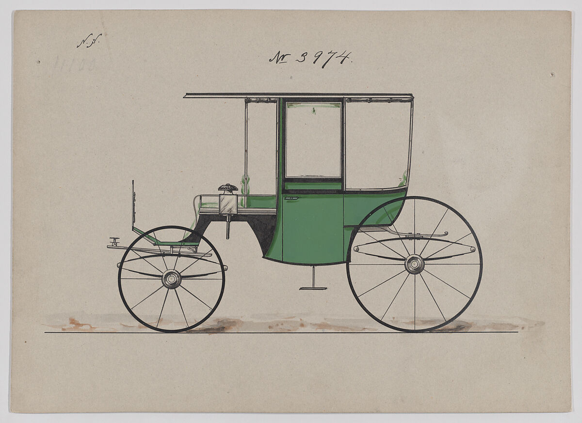 Design for 6 seat Rockaway, no. 3974, Brewster &amp; Co. (American, New York), Pen and black ink, watercolor and gouache 