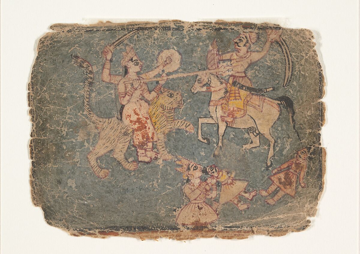 The Goddess Durga Slaying an Enemy; Page from a Dispersed Markandeya Purana (Stories of the Sage Markandeya), Ink and opaque watercolor on paper, India 