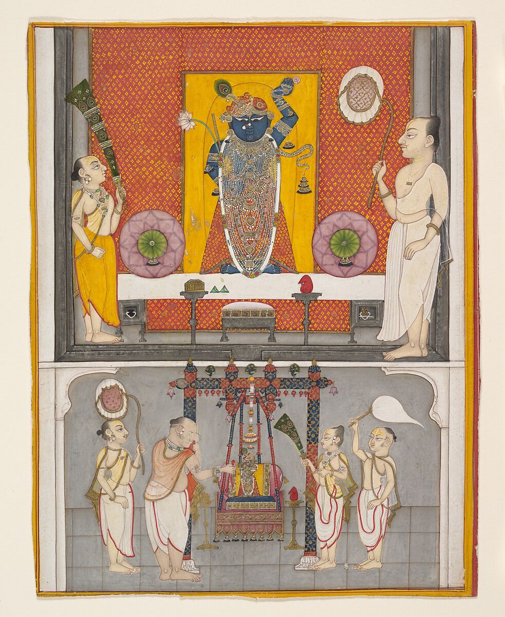 Priests before Shri Nathji, Ink, gold and opaque watercolor on paper, India (Rajasthan, Kota) 