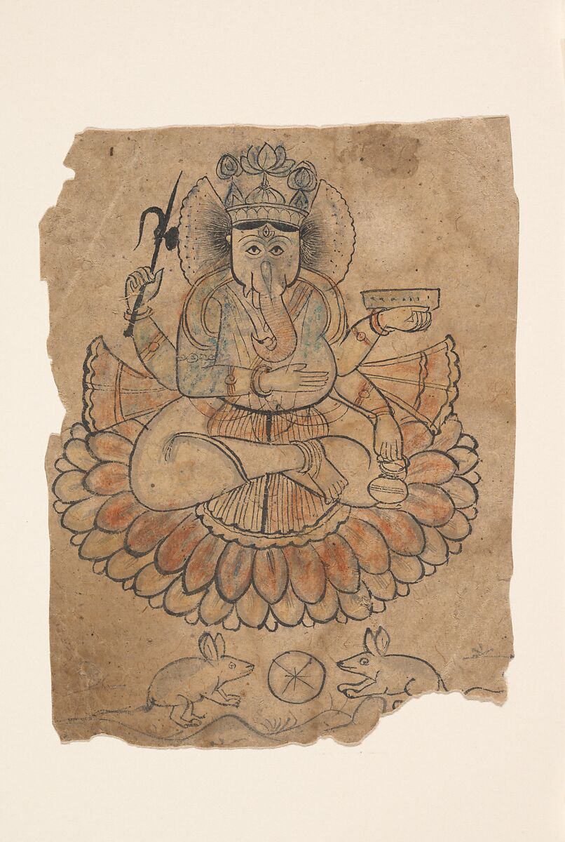 Seated Four-Armed Ganesha, Ink and opaque watercolor on paper, India, Rajasthan, Bundi 