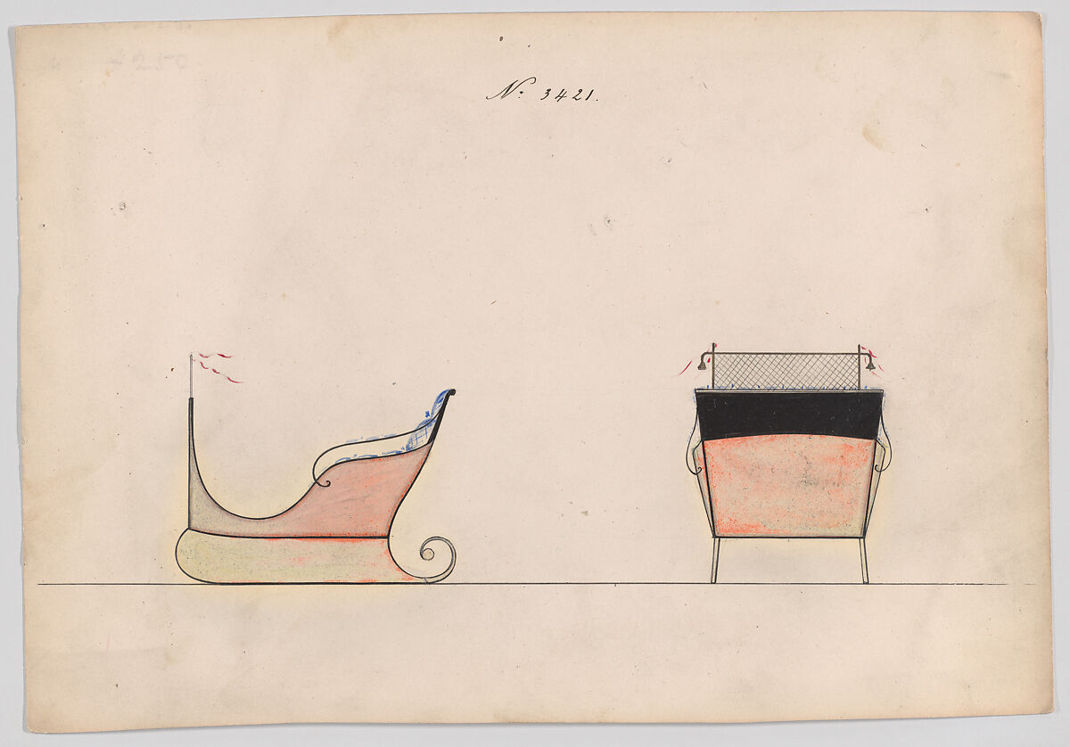 Sleigh # 3421, Brewster &amp; Co. (American, New York), pen and black ink watercolor and gouache with gum arabic 