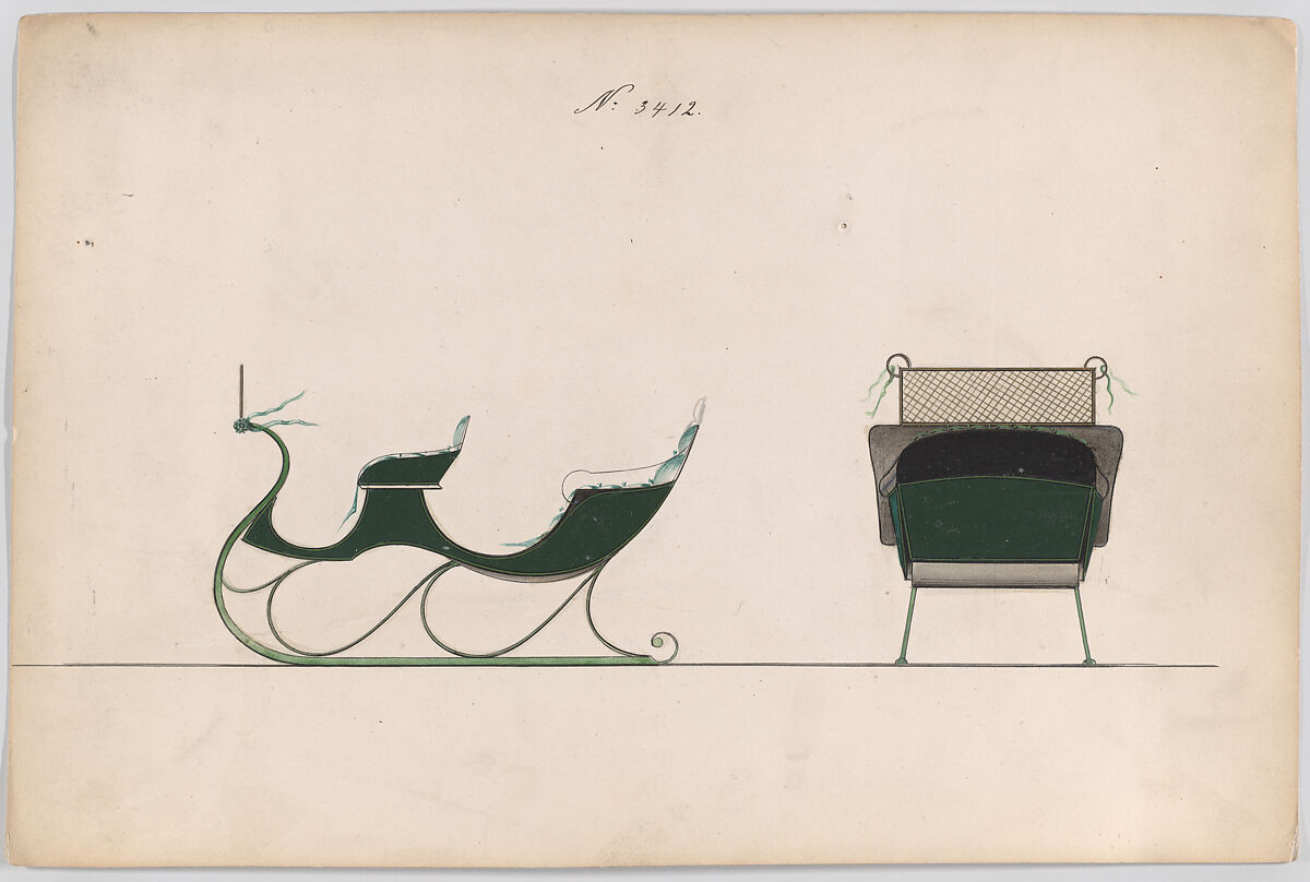 Sleigh #3412, Brewster &amp; Co. (American, New York), Pen and black ink, watercolor and gouache with gum arabic 