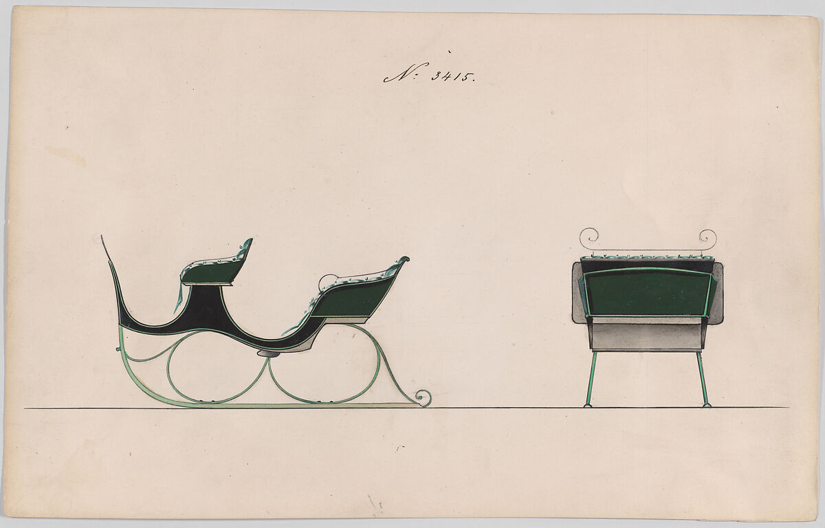 Design for 4 Seat Sleigh, no. 3415, Brewster &amp; Co. (American, New York), Pen and black ink with watercolor and gouache with gum arabic 