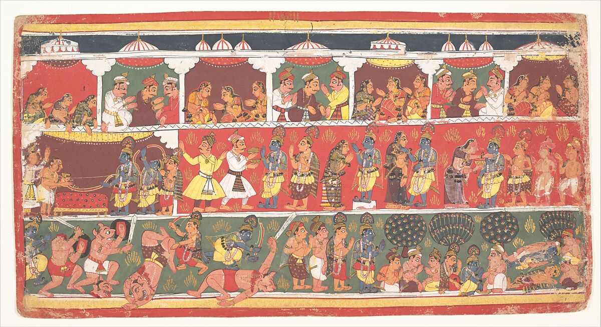 Encounters in Mathura: Page from a Dispersed Bhagavata Purana (Ancient Stories of Lord Vishnu), Ink and opaque watercolor on paper, India (Madhya Pradesh, Malwa) 