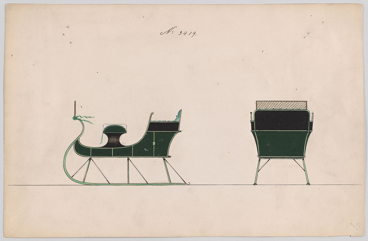 Design for 4 Seat Sleigh, no. 3419, Brewster &amp; Co. (American, New York), pen and black ink, watercolor and gouache with gum arabic 
