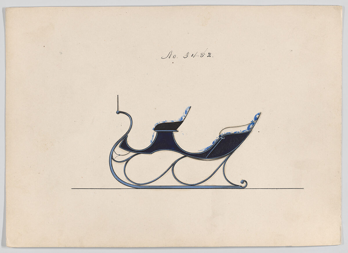 Design for Round Bottom Victoria Sleigh, no. 3482, Brewster &amp; Co. (American, New York), Pen and black ink, watercolor and gouache with gum arabic 