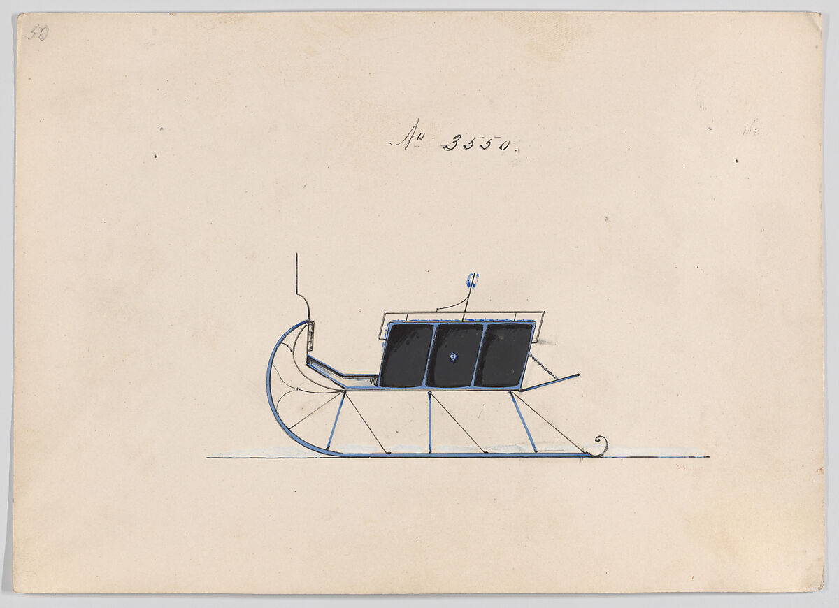 Design for Dos-a-Dos Sleigh, no. 3550, Brewster &amp; Co. (American, New York), Pen and black ink, watercolor and gouache with gum arabic 
