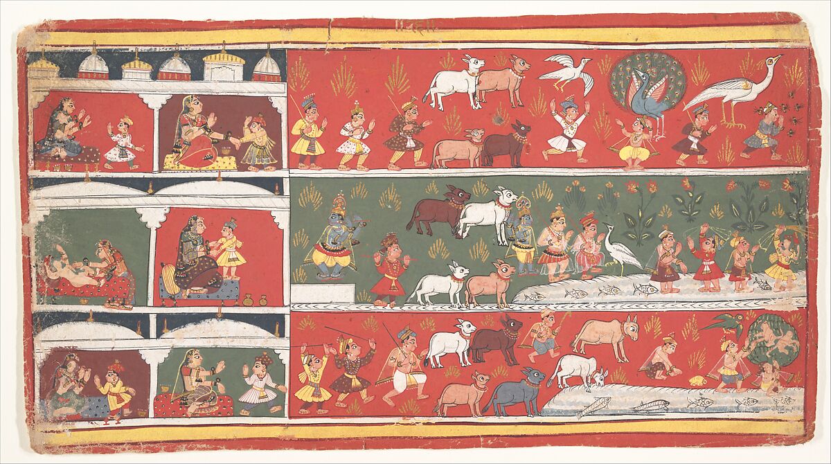 Bakasura, the Crane Demon, Arrives in Brindavan: Page from a Dispersed Bhagavata Purana (Ancient Stories of Lord Vishnu), Ink and opaque watercolor on paper, India (Madhya Pradesh, Malwa) 