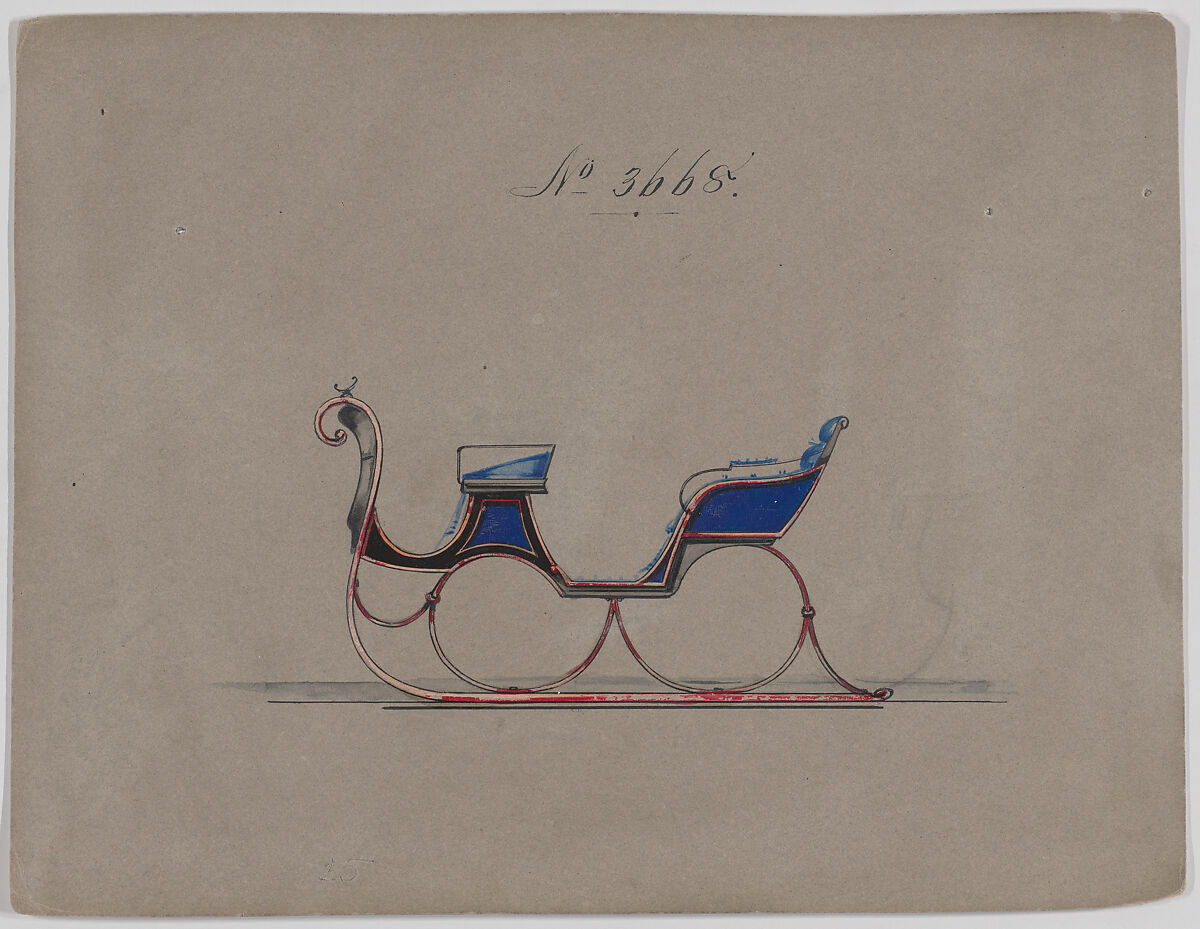 Design for 4 Seat Sleigh, no. 3668, Brewster &amp; Co. (American, New York), Graphite, pen and black ink, watercolor and gouache 