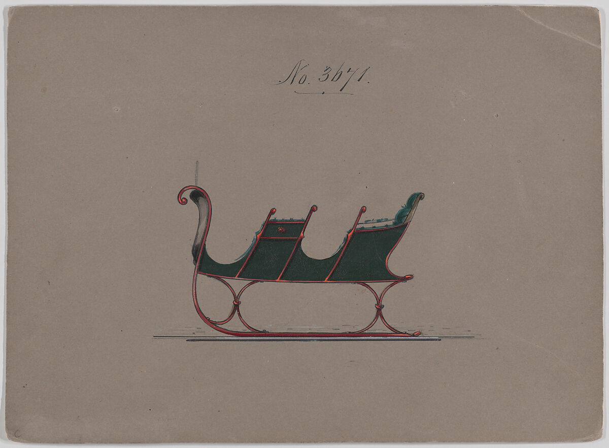 Design for 4 Seat Sleigh, no. 3671, Brewster &amp; Co. (American, New York), Pen adn black ink, watercolor ans gouache with gum arabic 