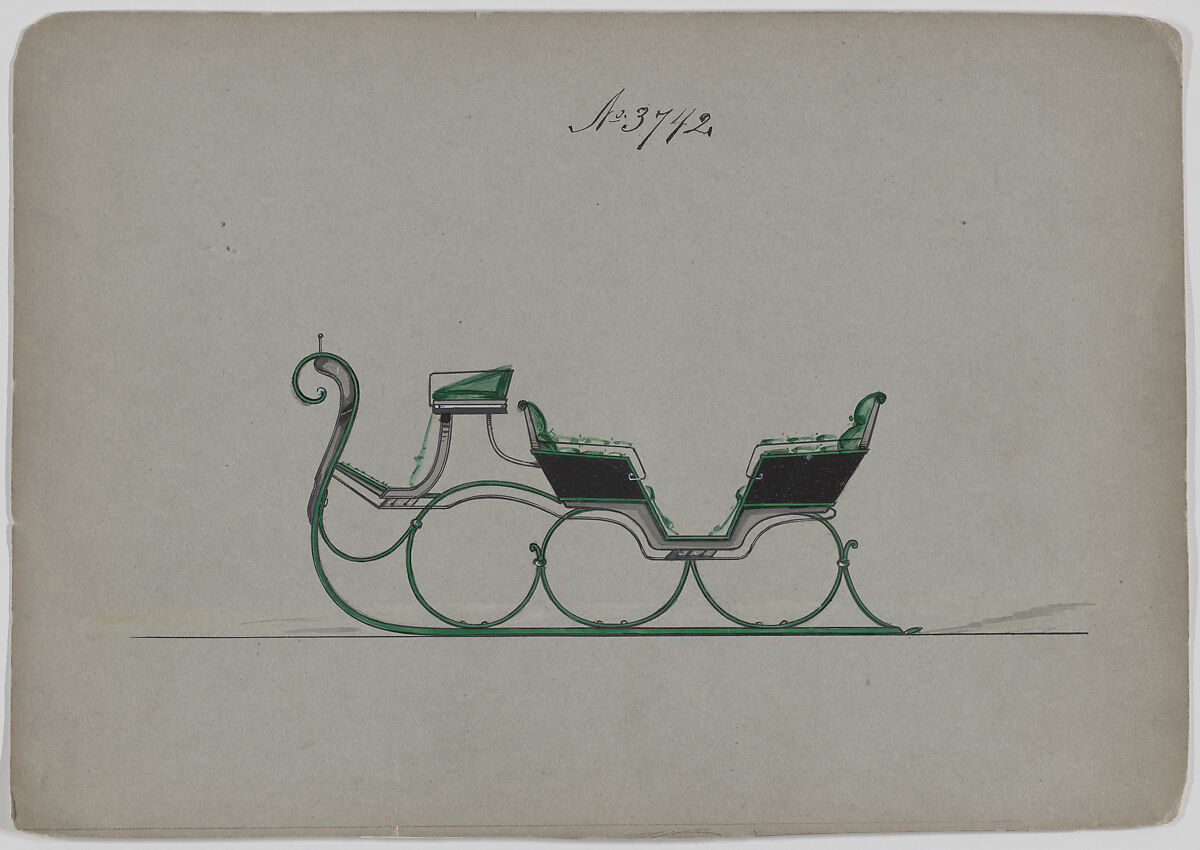Design for 4 Seat Sleigh, no. 3742, Brewster &amp; Co. (American, New York), Pen and black ink, watercolor and gouache 