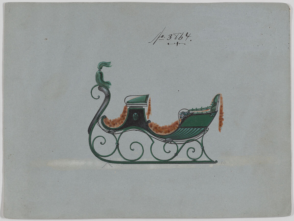 Design for 4 Seat Sleigh, no. 3864, Brewster &amp; Co. (American, New York), Pen and black ink, watercolor and gouache with gum arabic 