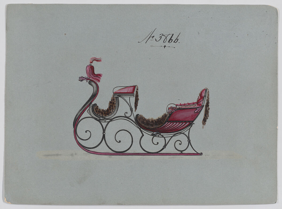 Design for Victoria Sleigh, no. 3866, Brewster &amp; Co. (American, New York), Pen and black ink, watercolor and gouache with gum arabic 