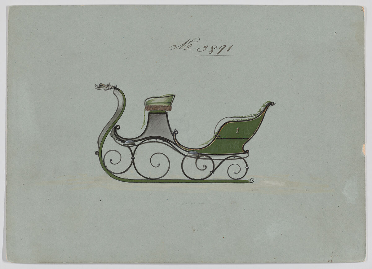 Design for 2 Seat Sleigh, no. 3891, Brewster &amp; Co. (American, New York), Pen and black ink, watercolor and gouache with gum arabic 