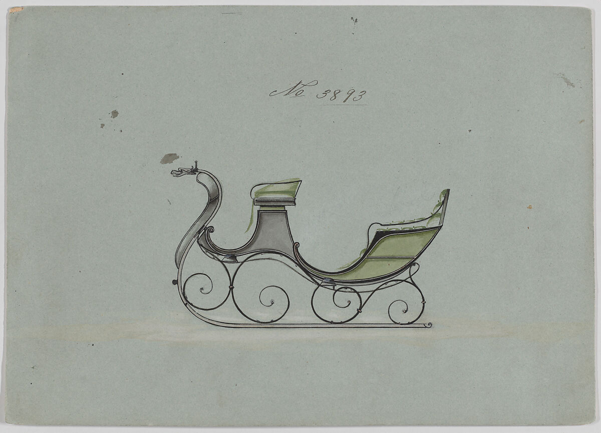 Design for 4 Seat Sleigh, no. 3893, Brewster &amp; Co. (American, New York), Pen and black ink watercolor and gouache with gum arabic 