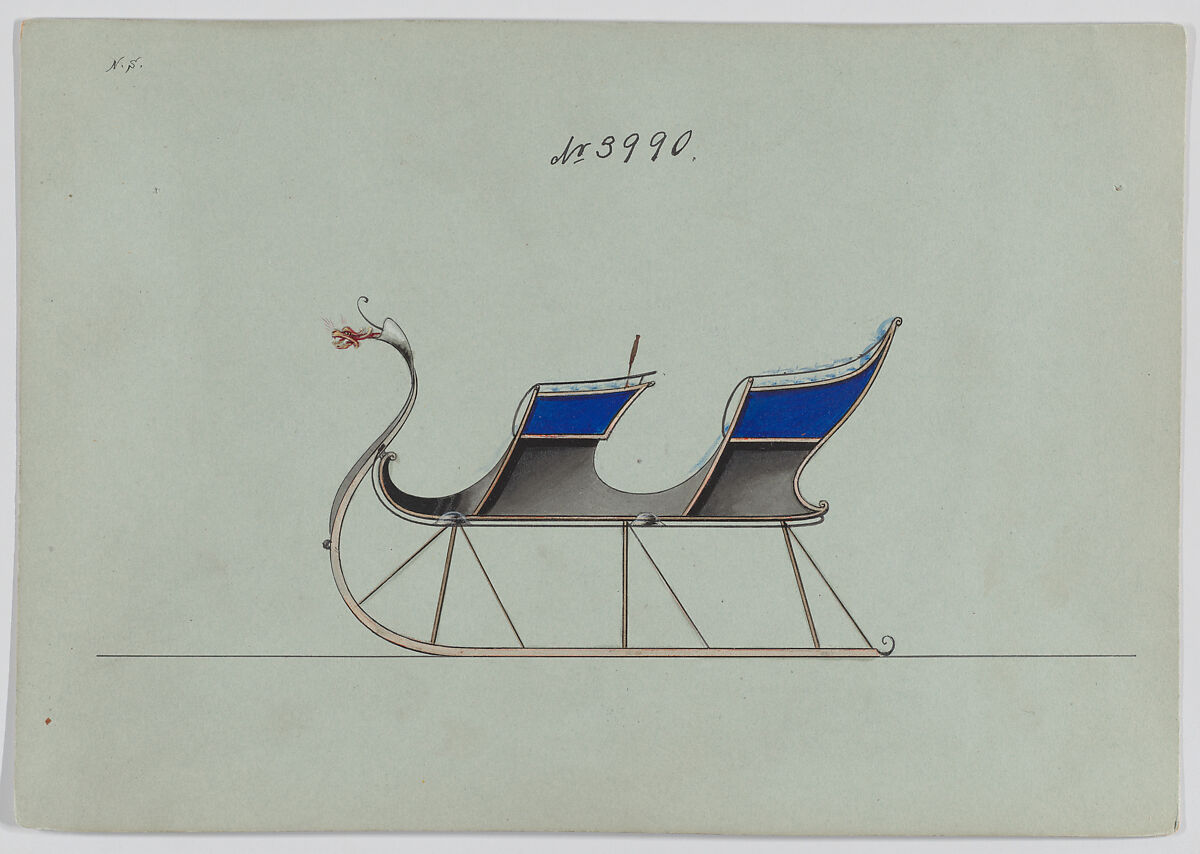 Design for 2 Seat Sleigh, no. 3990, Brewster &amp; Co. (American, New York), Pen and black ink, watercolor and gouache with gum arabic 