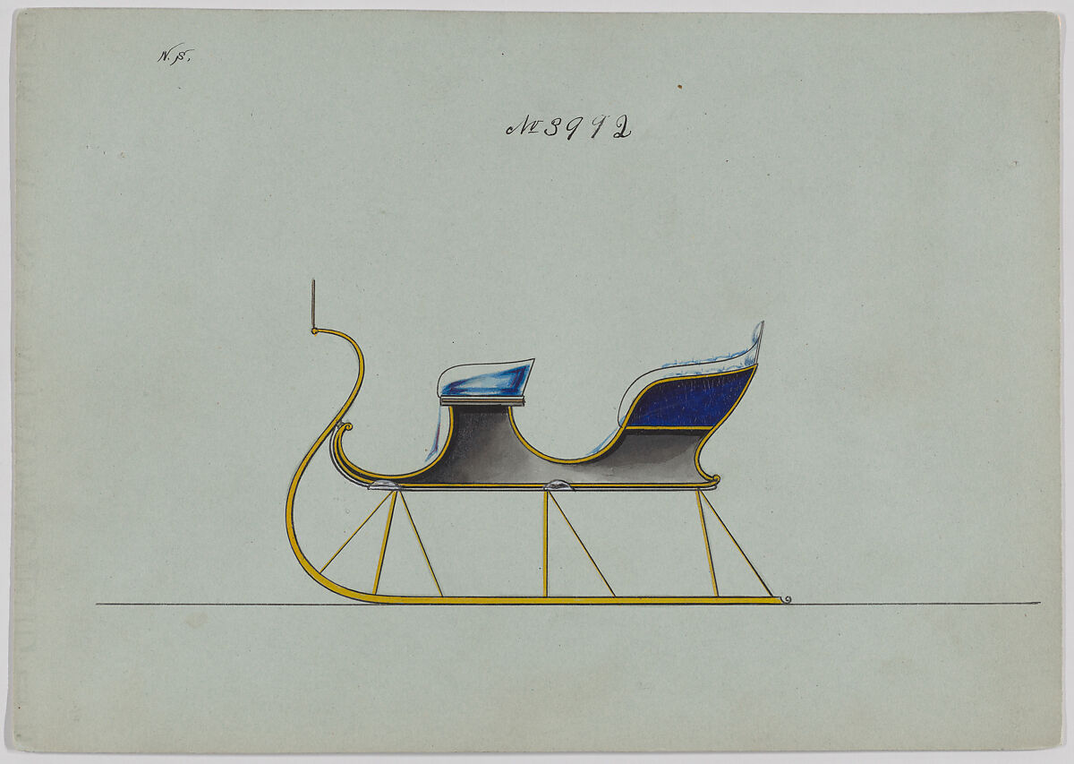 Design for 4 Seat Sleigh, no. 3992, Brewster &amp; Co. (American, New York), Pen and black ink, watercolor and gouache with gum arabic 
