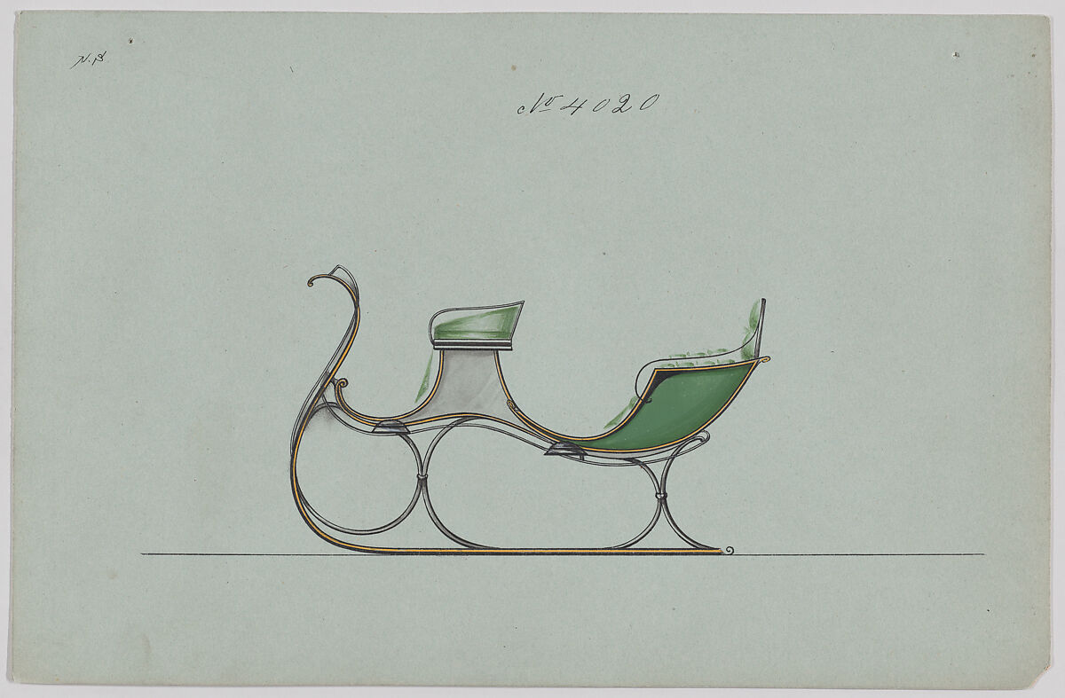 Design for 4 Seat Sleigh, no. 4020, Brewster &amp; Co. (American, New York), Pen and black ink, watercolor and gouache 