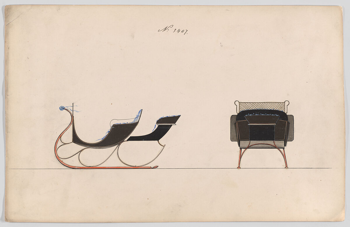 Design for Rumble Sleigh, no. 3407, Brewster &amp; Co. (American, New York), pen and black ink watercolor and gouache with gum arabic 