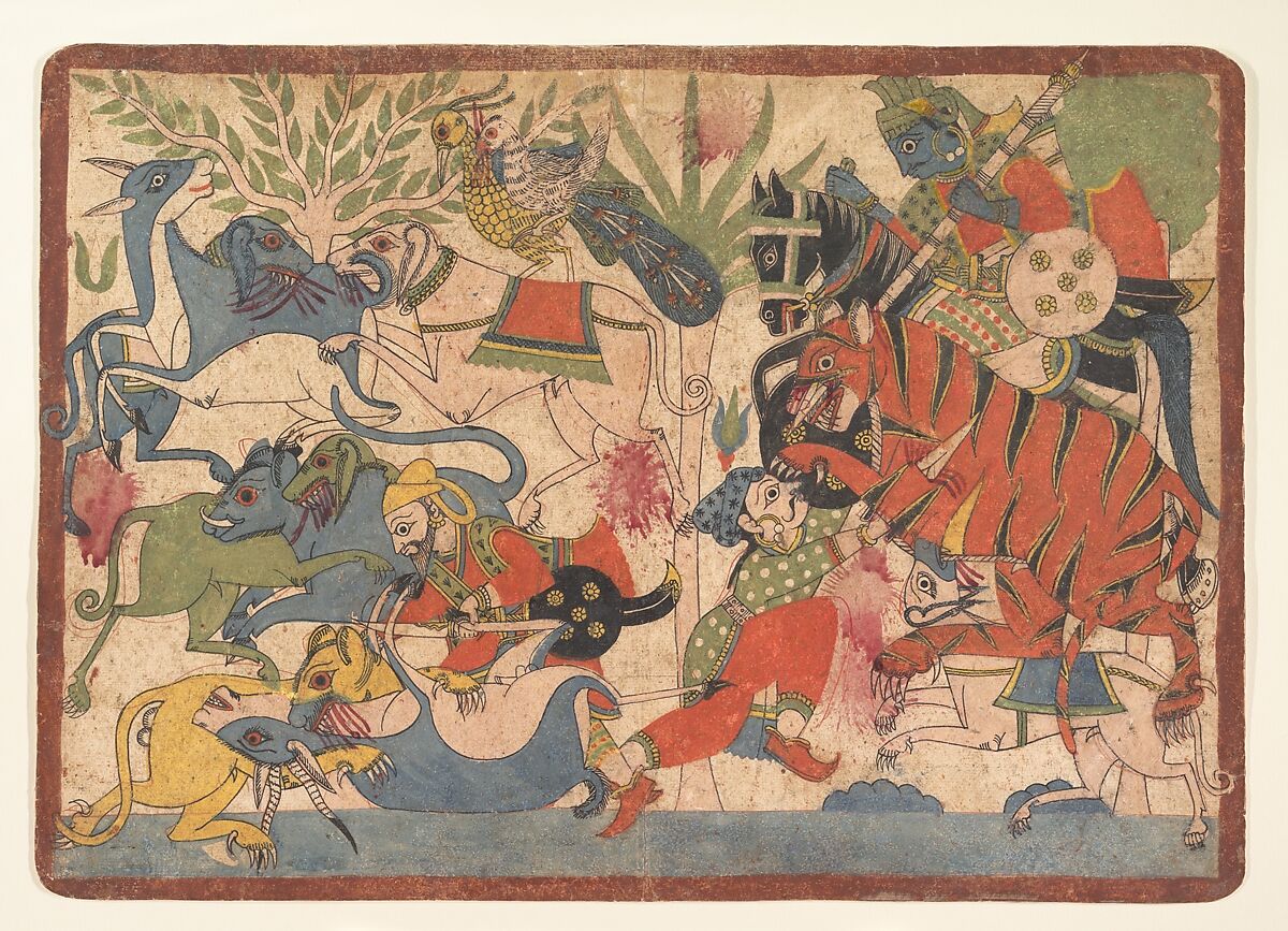 “Royal Hunt,” folio from a Mahabharata, Ink and opaque watercolor on paper, Western India, Maharashtra, Paithan or northern Karnataka 