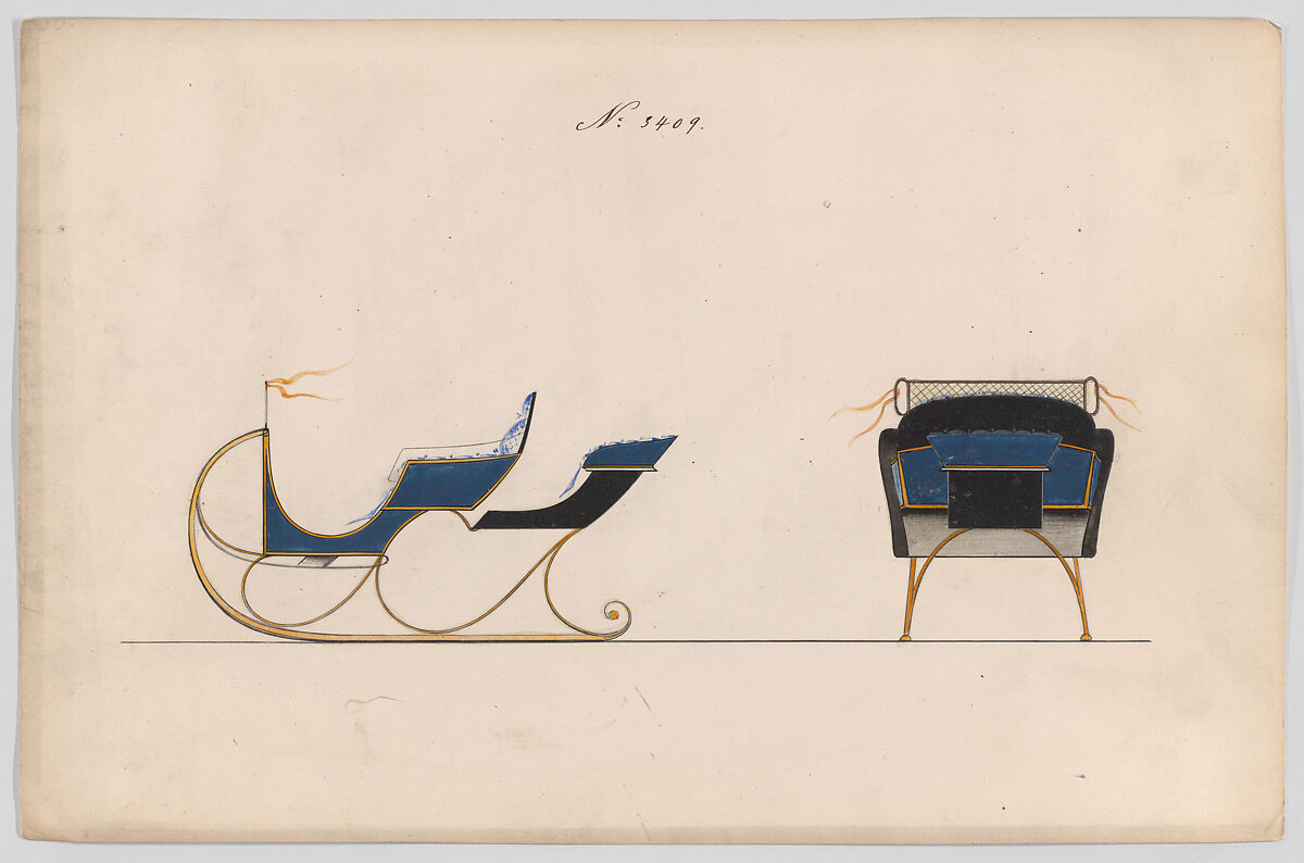 Design for Rumble Sleigh, no. 3409, Brewster &amp; Co. (American, New York), Pen and black ink, watercolor and gouache with gum arabic 