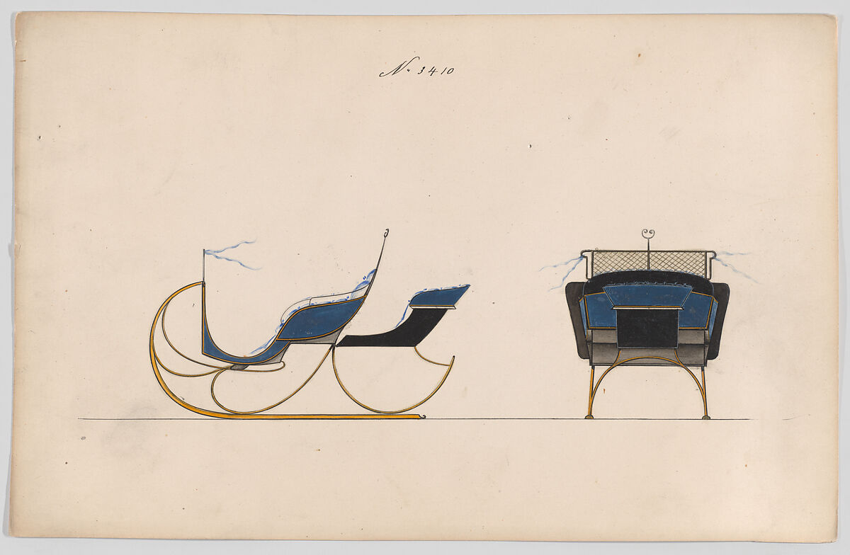 Design for Rumble Sleigh, no. 3410, Brewster &amp; Co. (American, New York), Pen and black ink,, watercolor and gouache with gum arabic 