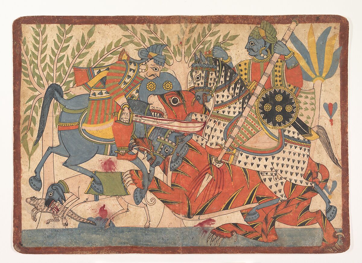 “Harishchandra and his Minister Killing a Tiger,” folio from a Harishchandra Series, Opaque watercolor and ink on paper, Western India, Maharashtra, Paithan or northern Karnataka 