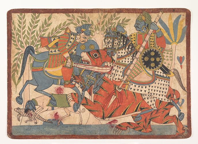 “Harishchandra and his Minister Killing a Tiger,” folio from a Harishchandra Series
