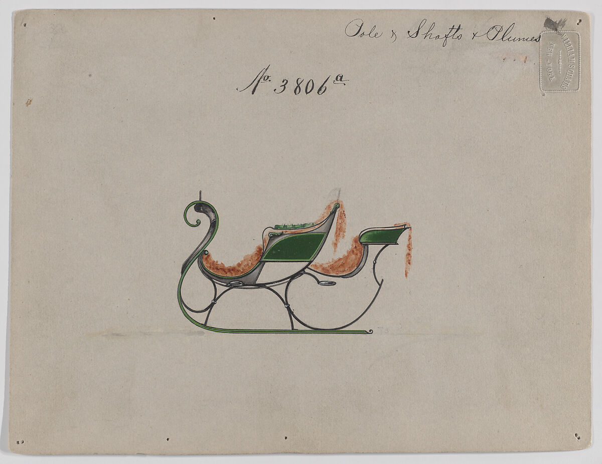 Design for Rumble Sleigh, no. 3806a, Brewster &amp; Co. (American, New York), Pen and black ink watercolor and gouache with gum arabic 
