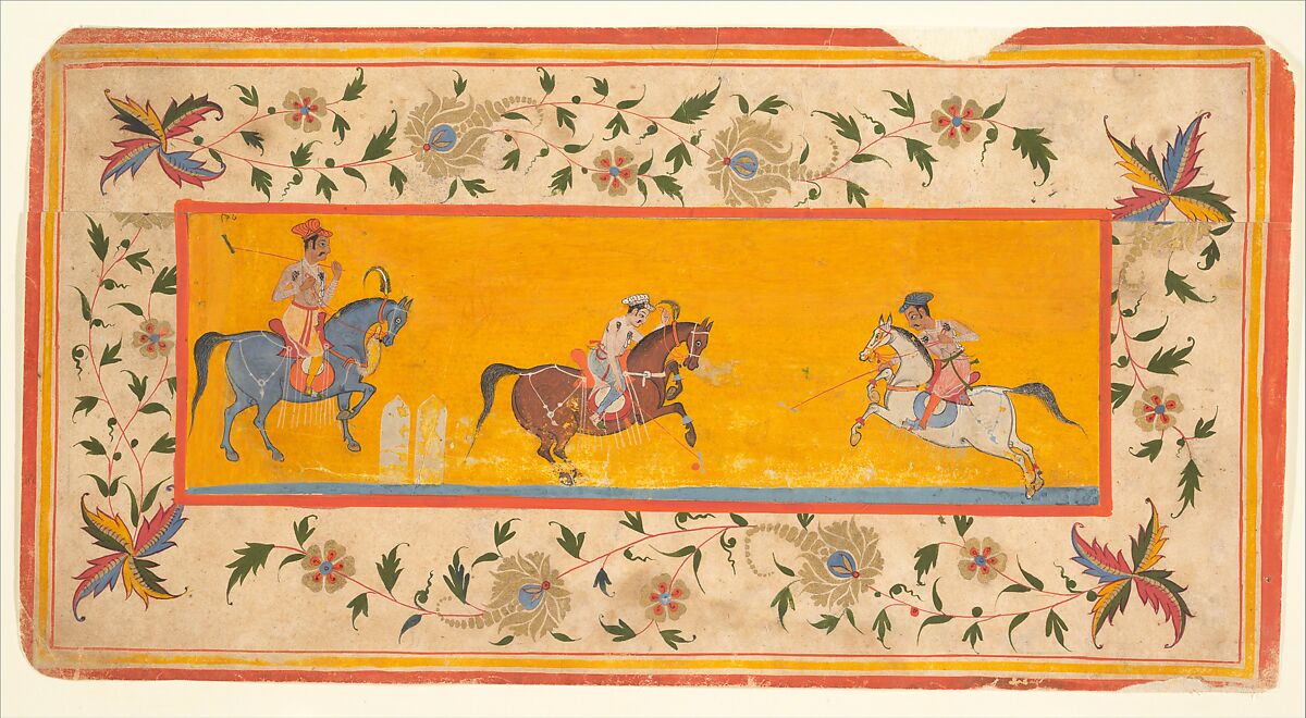 Three Polo Players, Manuscript leaf; ink and opaque water color on paper, India (Rajasthan, Bikaner) 