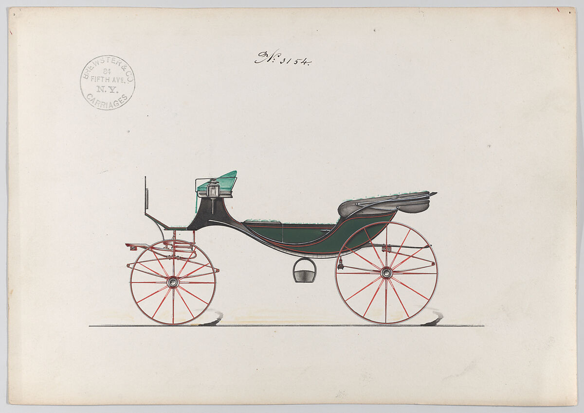 Design for a Caleche or Vis-a-vis, no. 3154, Brewster &amp; Co. (American, New York), Pen and black ink, watercolor and gouache 