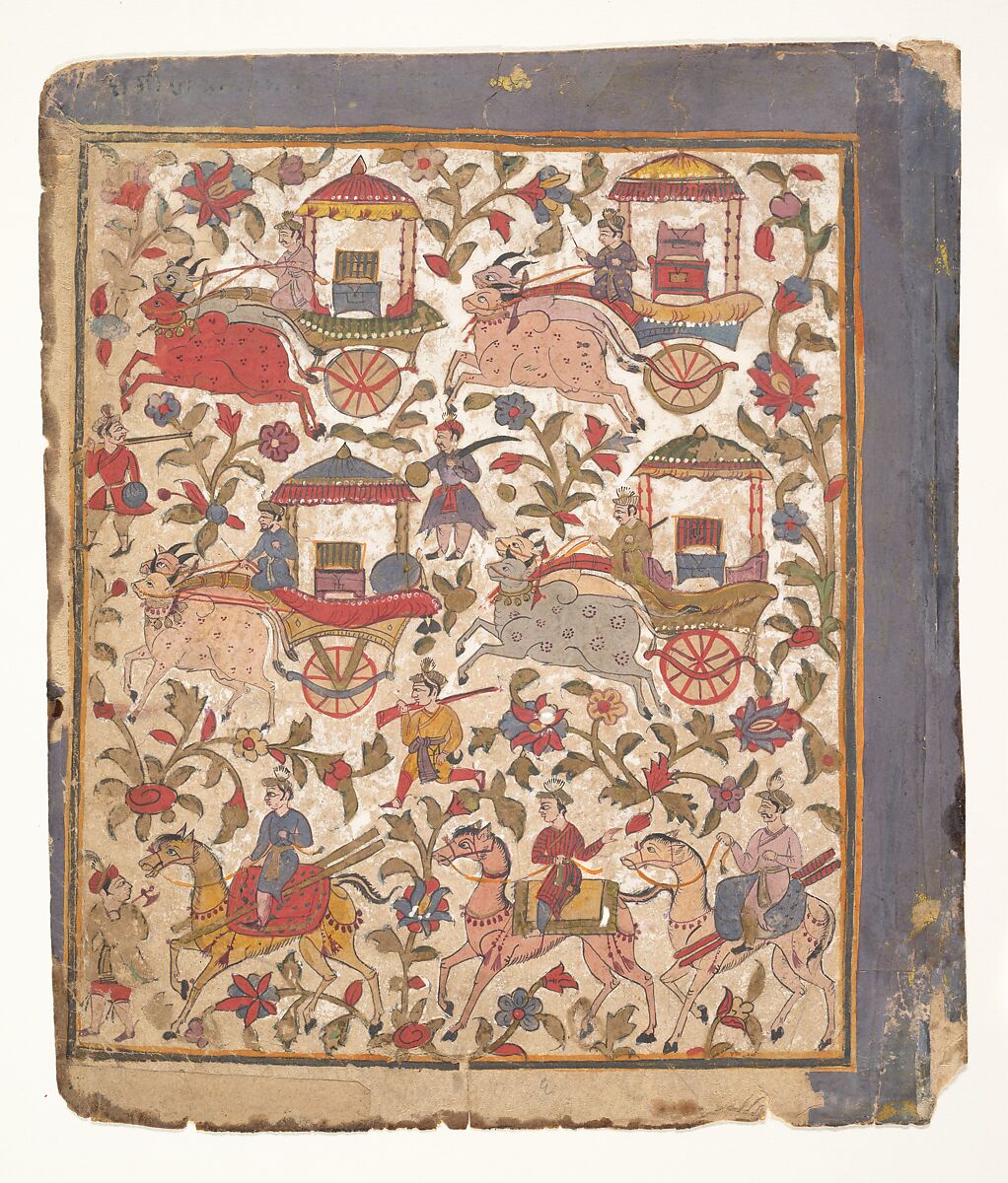 Procession of Carriages Carrying Booty: Page from a Dispersed Bhagavata Purana Manuscript, Ink and opaque watercolor on paper, India (Gujarat) 