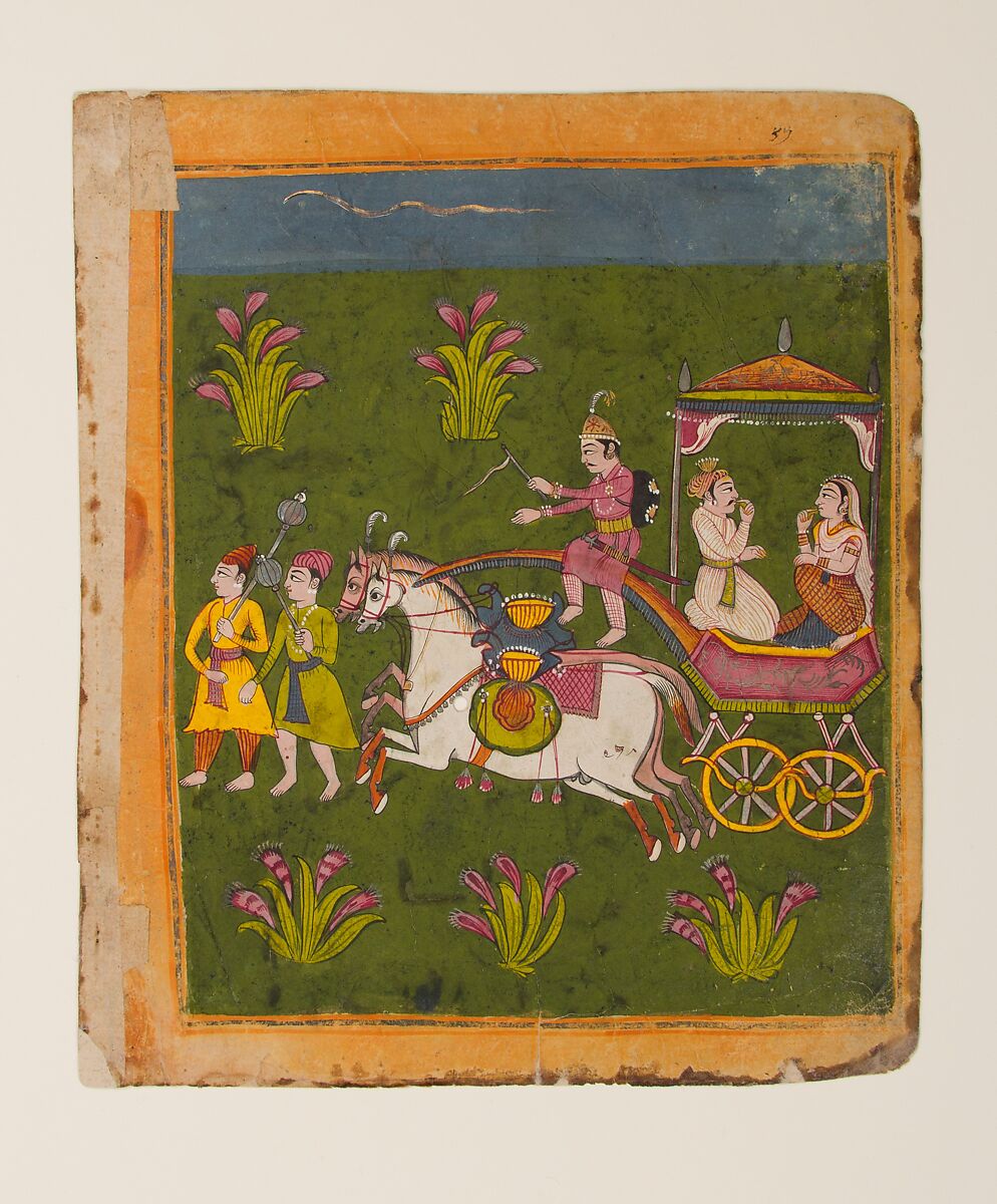 Procession of Carriages Carrying Booty: Page from a Dispersed Bhagavata Purana Manuscript, Ink and opaque watercolor on paper, India (Gujarat)