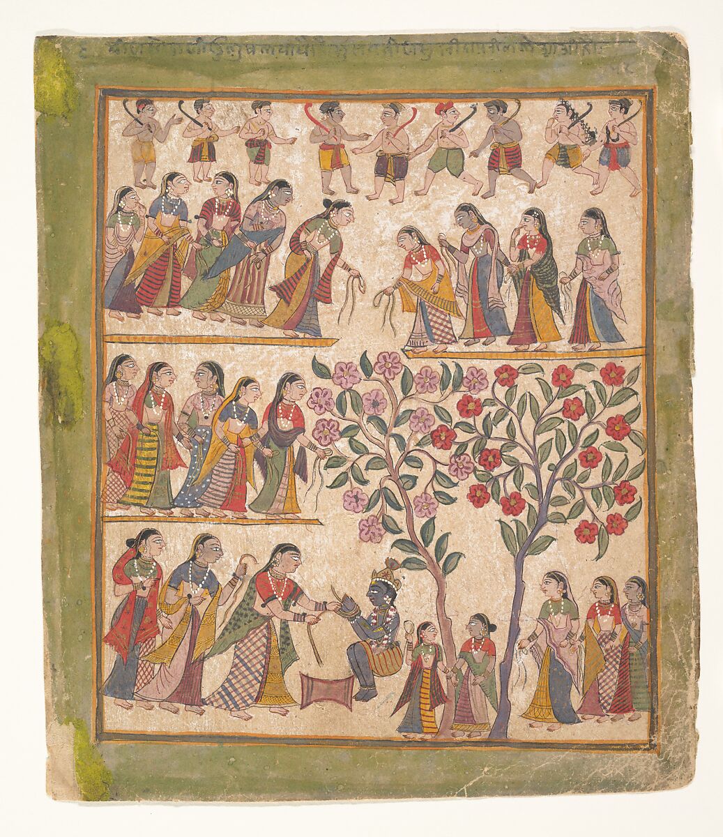 Yashoda Binds Krishna’s Hands: Page from a Dispersed Bhagavata Purana Manuscript, Ink and opaque watercolor on paper, India (Gujarat) 