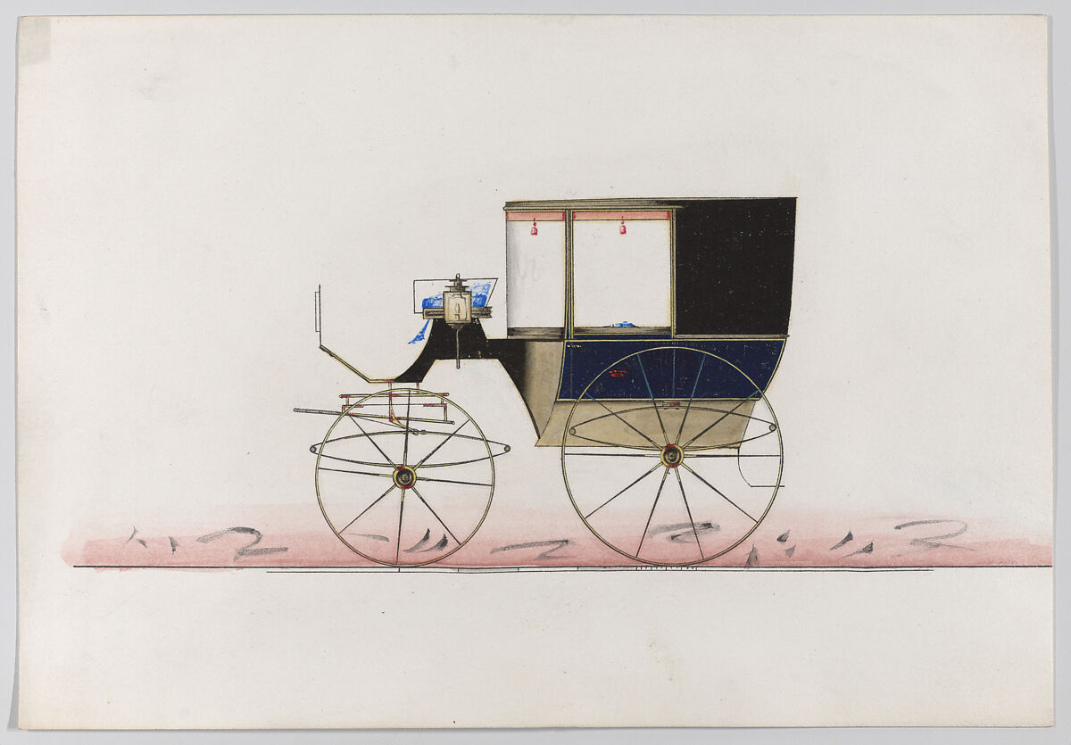 Design for Double Brougham (unnumbered), Brewster &amp; Co. (American, New York), Pen and black ink, watercolor and gouache with gum arabic and metallic ink. 