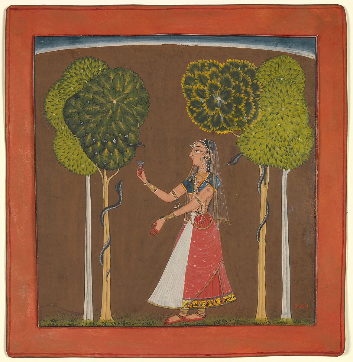 Ragini, possibly Asavari: Folio from a Ragamala Series

, Ink and opaque watercolor on paper, India (Himachal Pradesh, Mankot)