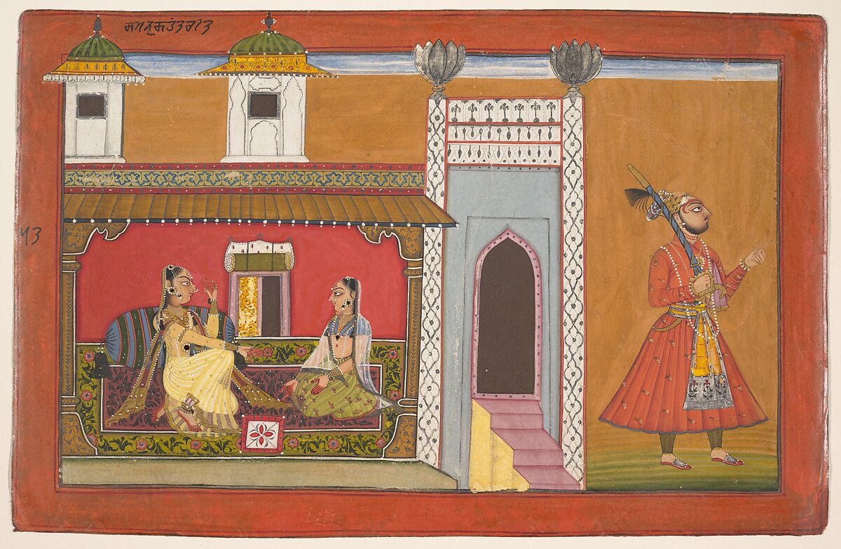 A Courtesan and Her Lover Estranged by a Quarrel:  Page from a Rasamanjari series, Devidasa of Nurpur (active ca. 1680–ca. 1720), Opaque watercolor, ink, silver, and  gold on paper, India (Punjab Hills, Basohli) 