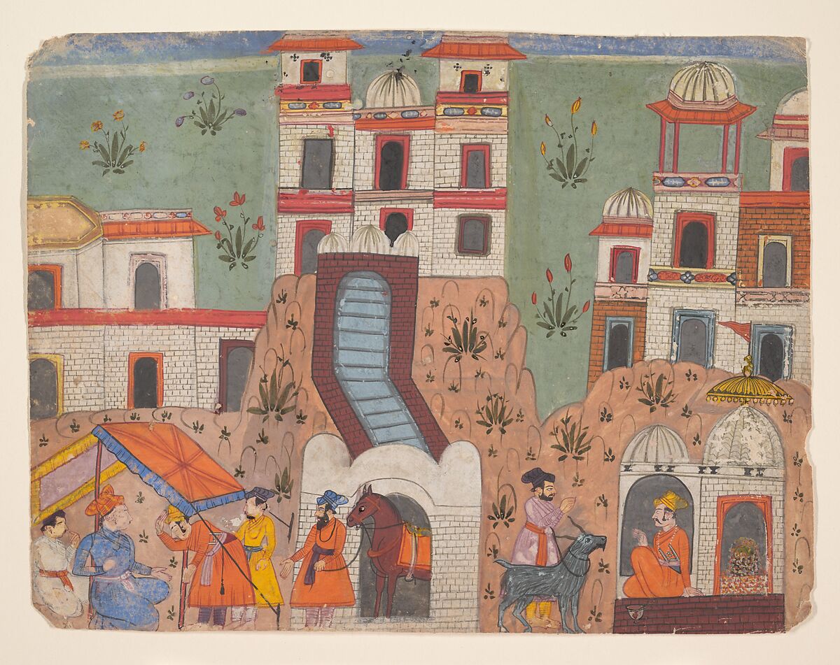 A Raja Receives Homage Outside the City:   Page from a Dispersed Manuscript, Ink and opaque watercolor on paper, India (Punjab Hills, Bilaspur) 