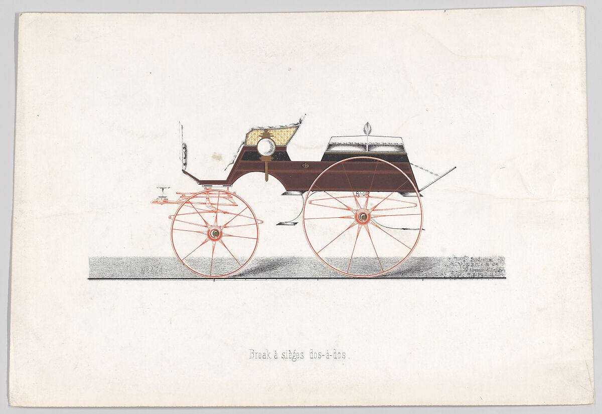 Design for Dos-A-Dos Phaeton Carriage, Anonymous, French, 19th century, Hand colored lithograph with gum arabic and metallic ink and printed image 
