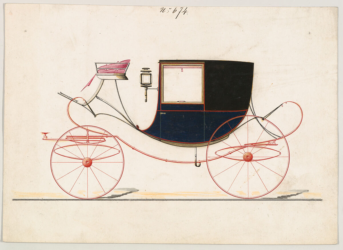 Design for Chariot or Chariot D'Orsay, no. 674, Brewster &amp; Co. (American, New York), Pen and black ink, watercolor and gouache with gum arabic 