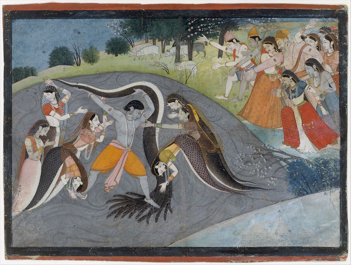 Krishna Subduing Kaliya, the Snake Demon: Folio from a Bhagavata Purana Series, First generation after Manaku and Nainsukh, Opaque watercolor and ink on paper, Northern India, Garwhal, Himachal Pradesh 