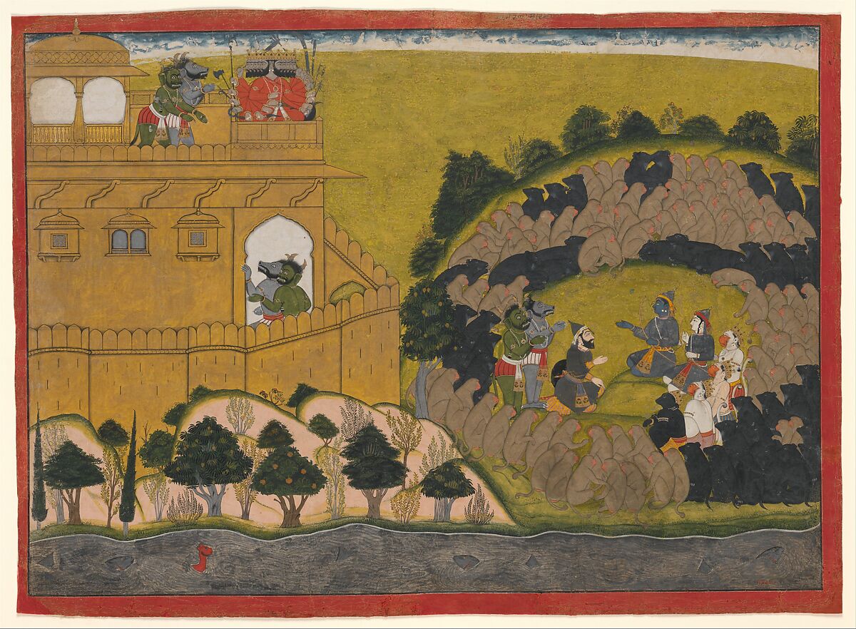 Rama Releases the Demon Spies Shuka and Sarana: Folio from the Siege of Lanka series, Attributed to Manaku (Indian, active ca. 1725–60), Opaque watercolor, ink and gold on paper, India, Guler, Himachal Pradesh 