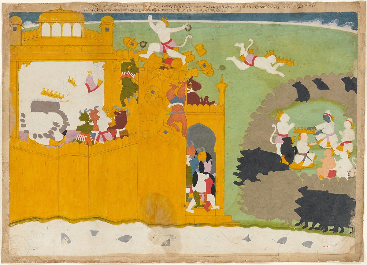The Monkey Leader Angada Steals Ravana's Crown from His Fortress: Folio from the Siege of Lanka series, Attributed to Manaku (Indian, active ca. 1725–60), Ink and opaque watercolor on paper, India, Punjab Hills, kingdom of Guler 