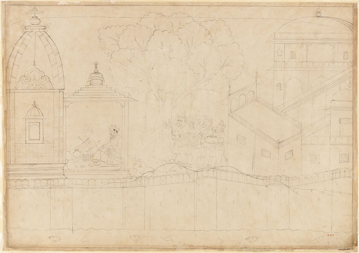 Indrajit Makes Offerings: Folio from the Siege of Lanka series, Attributed to Manaku (Indian, active ca. 1725–60), Ink on paper, India, Punjab Hills, kingdom of Guler 