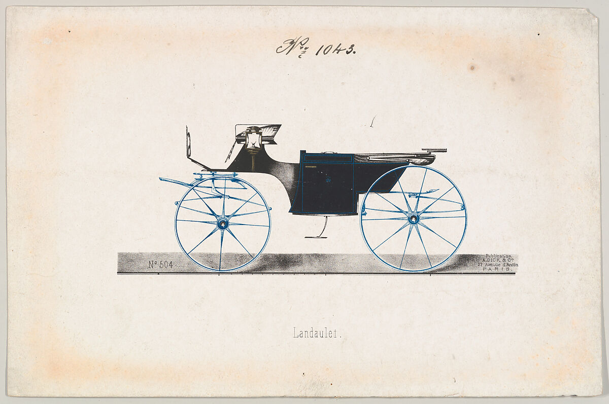 Design for Landaulet, no. 1043, Brewster &amp; Co. (American, New York), Hand colored lithograph with pen and black ink, watercolor and gouache and metallic ink. 