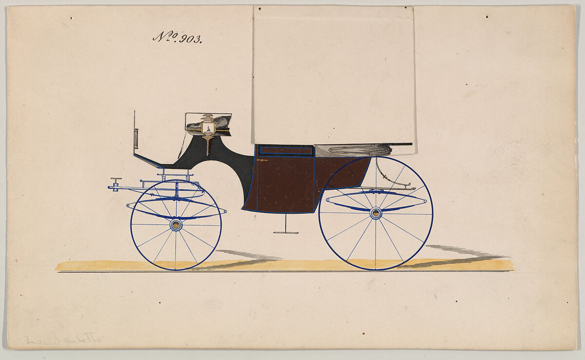 Design for Landaulet, no. 903, Brewster &amp; Co. (American, New York), Pen and black ink, watercolor and gouache with gum arabic and metallic ink. 