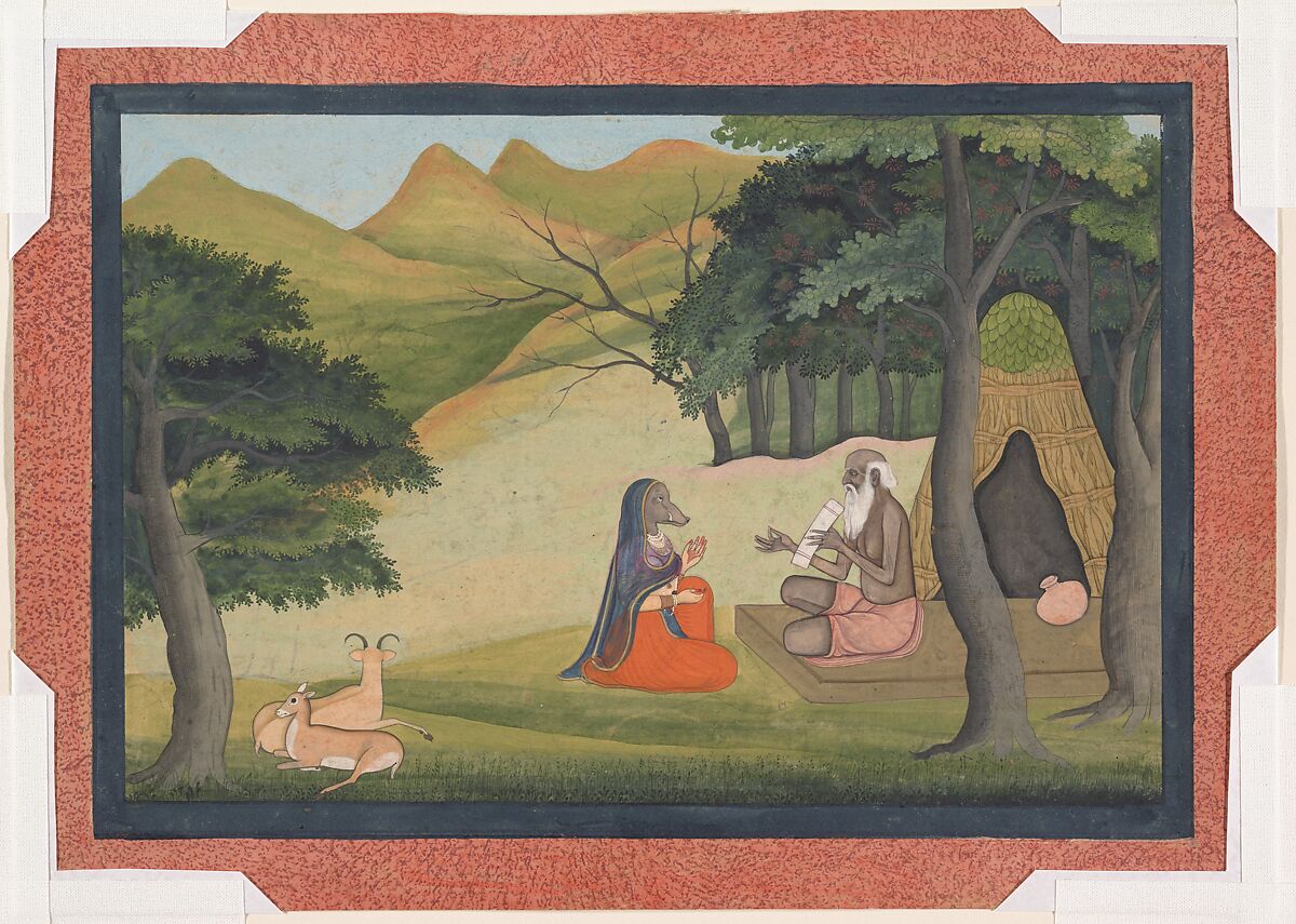 Queen Choladevi Before the Hermit-Sage Angiras:  Page from a Dispersed Vrataraja:  (King of Vratas, Rites Undertaken to Fulfill a Vow), Ink and opaque watercolor on paper, India (Punjab Hills, Guler) 