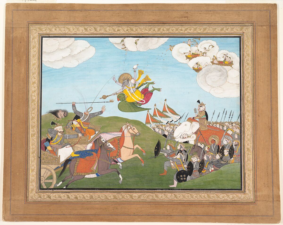 Vishnu as Varaha, the Boar Avatar, Slays Banasur, A Demon General: Page from an Unknown Manuscript, Ink and opaque watercolor on paper, India (Punjab Hills, Guler) 