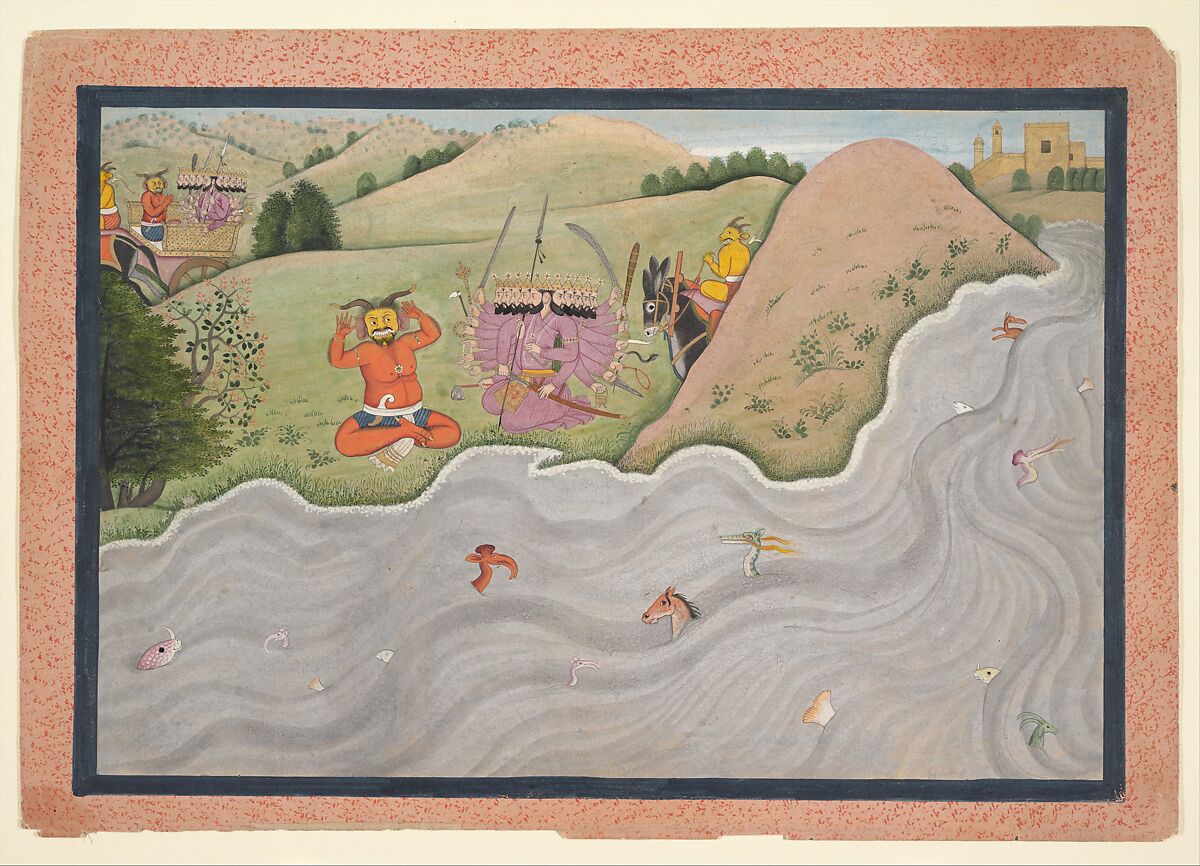 The Demon Marichi Tries to Dissuade Ravana; Illustrated folio from a dispersed Ramayana series, Ink, opaque watercolor, silver, and gold on paper, India (Himachal Pradesh, Kangra) 